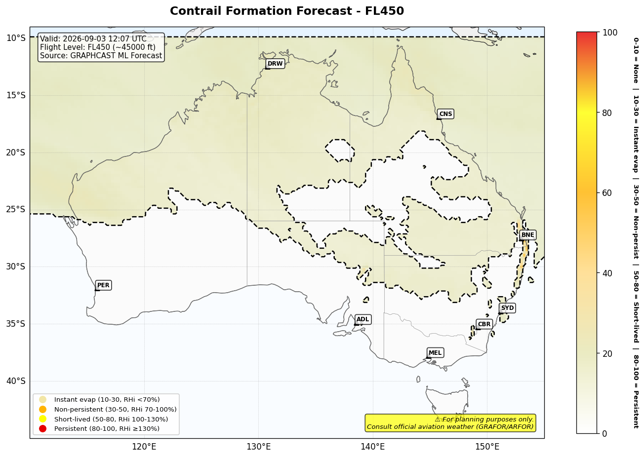 Contrail forecast for FL450 at 2026-09-03 12:07 UTC