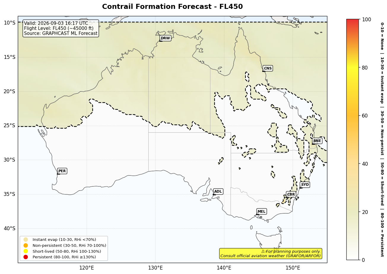 Contrail forecast for FL450 at 2026-09-03 16:17 UTC