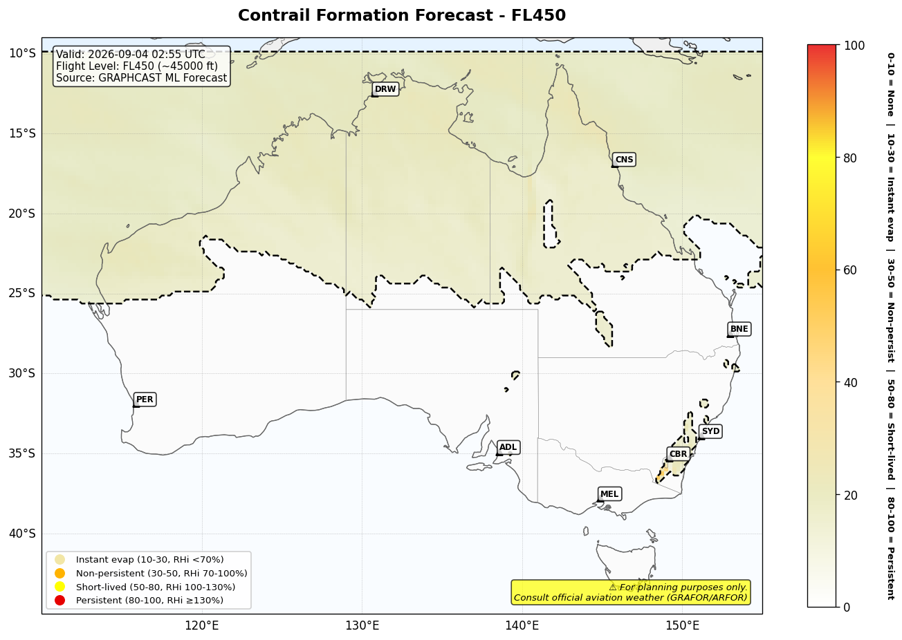 Contrail forecast for FL450 at 2026-09-04 02:55 UTC