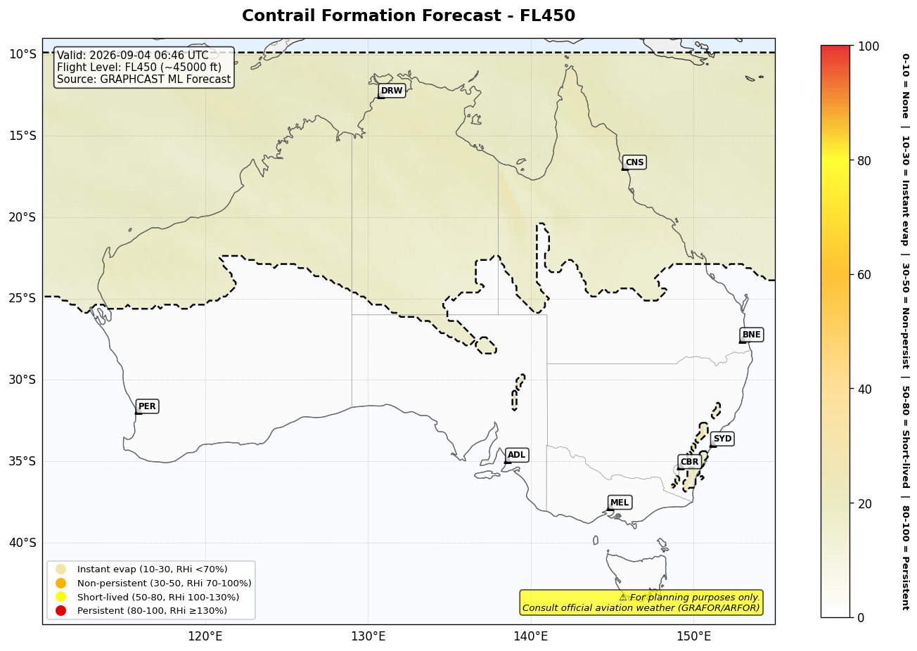 Contrail forecast for FL450 at 2026-09-04 06:46 UTC