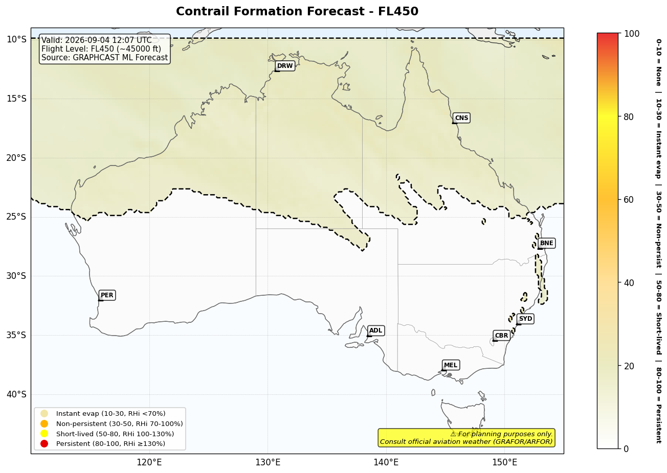 Contrail forecast for FL450 at 2026-09-04 12:07 UTC