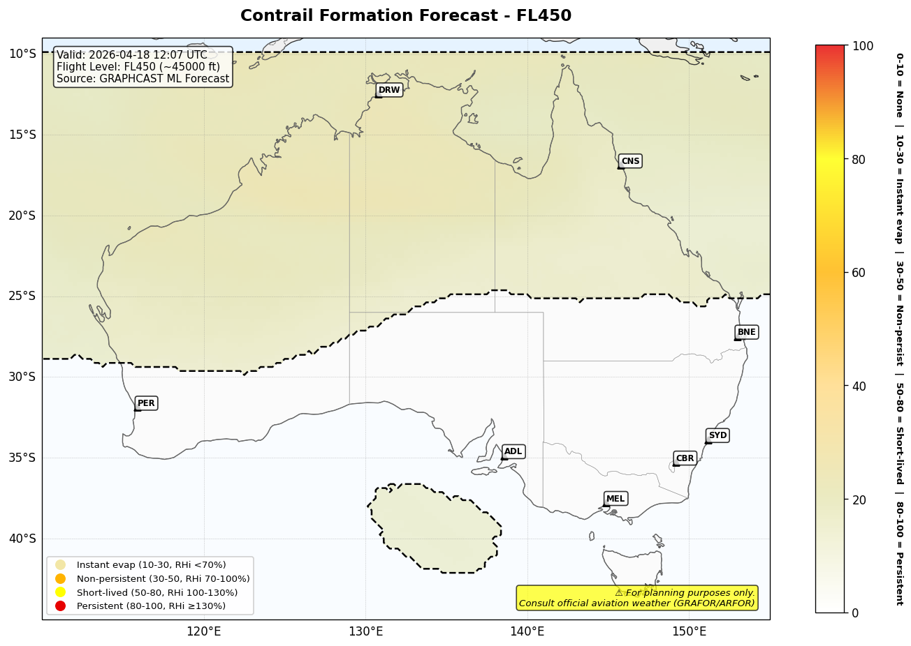 Contrail forecast for FL450 at 2026-04-18 12:07 UTC