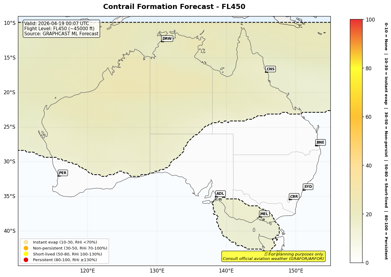 Contrail forecast for FL450 at 2026-04-19 00:07 UTC