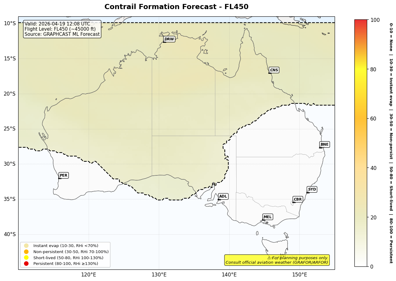 Contrail forecast for FL450 at 2026-04-19 12:08 UTC