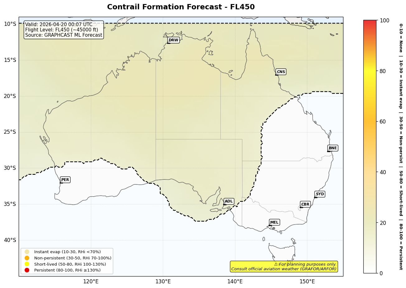 Contrail forecast for FL450 at 2026-04-20 00:07 UTC