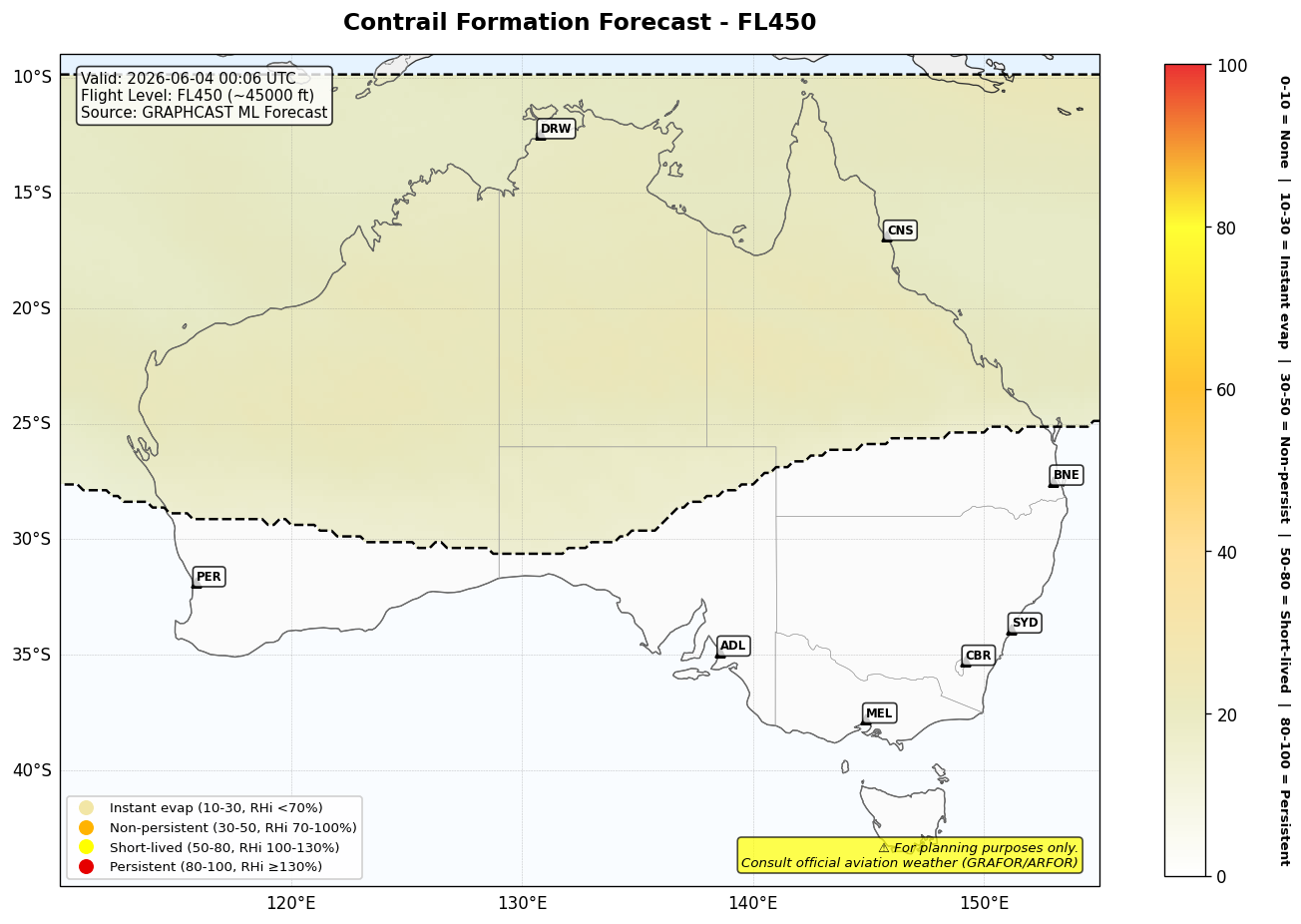 Contrail forecast for FL450 at 2026-06-04 00:06 UTC