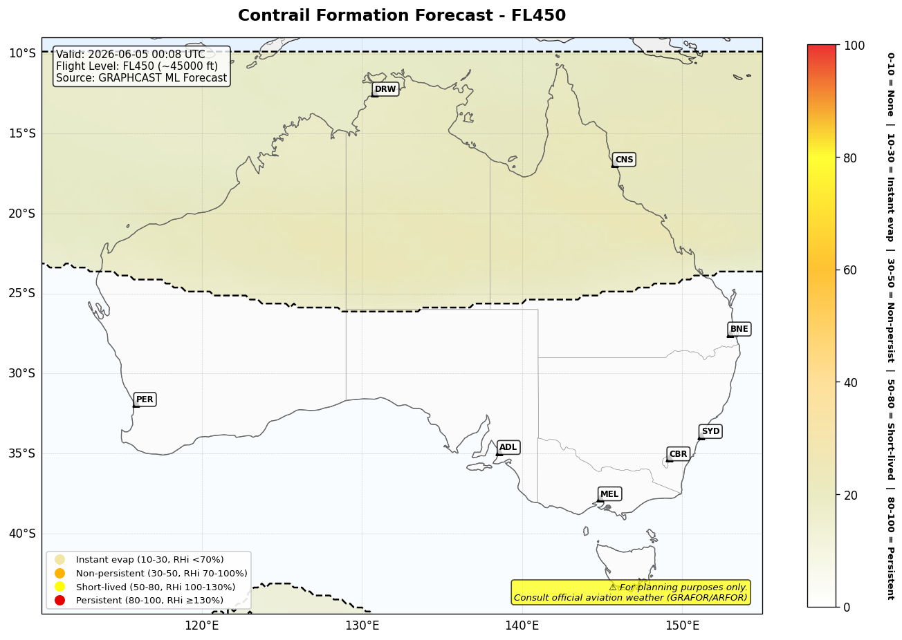 Contrail forecast for FL450 at 2026-06-05 00:08 UTC