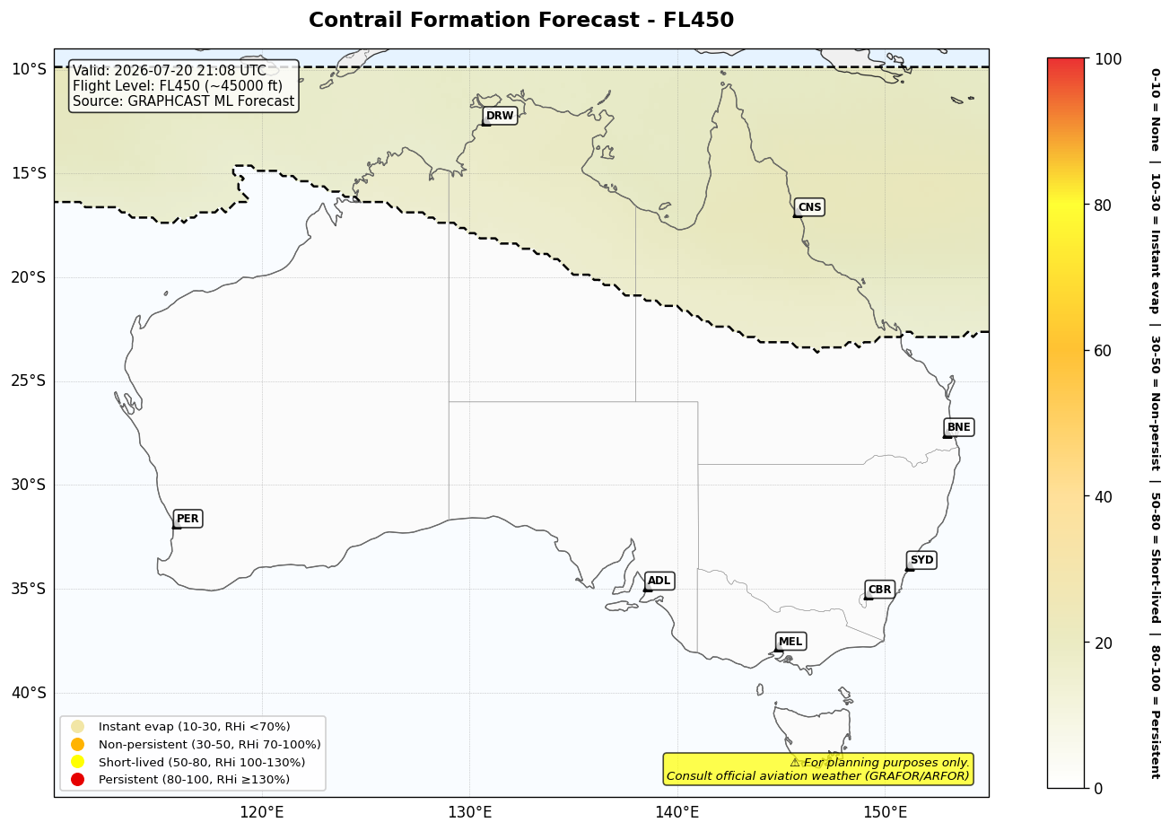 Contrail forecast for FL450 at 2026-07-20 21:08 UTC
