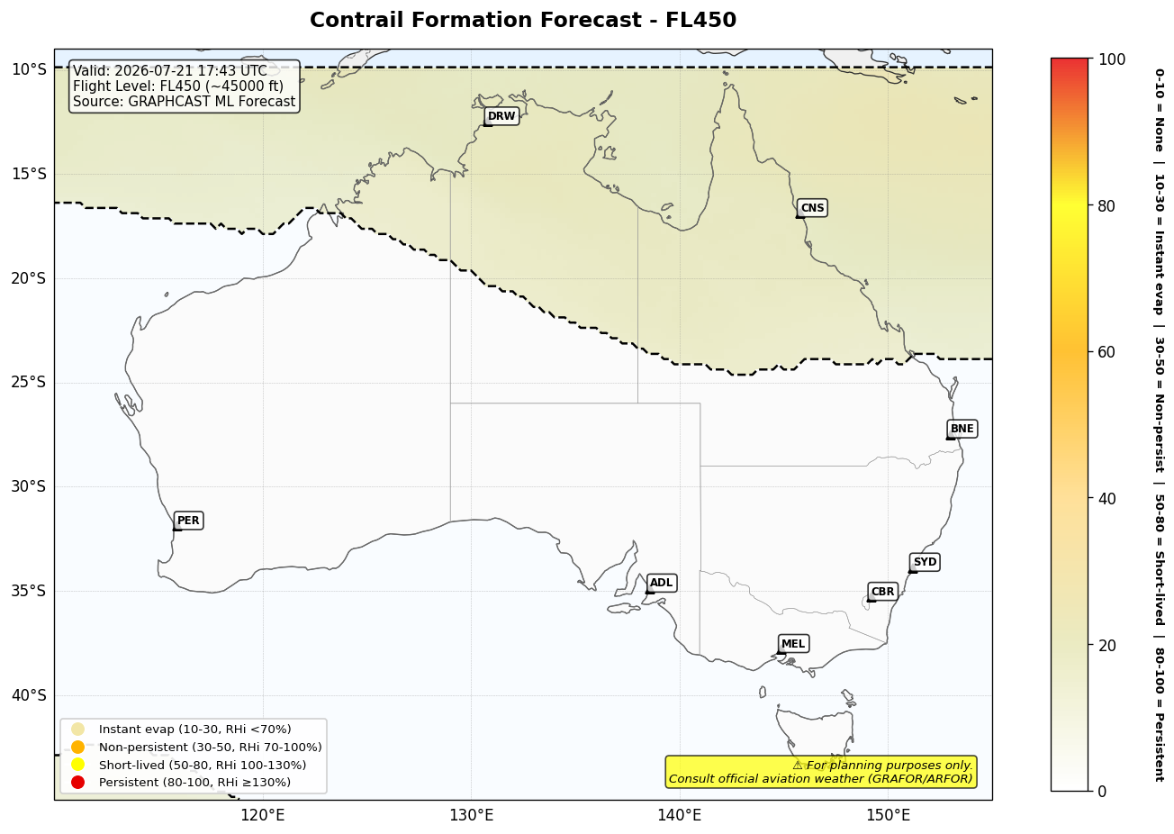 Contrail forecast for FL450 at 2026-07-21 17:43 UTC