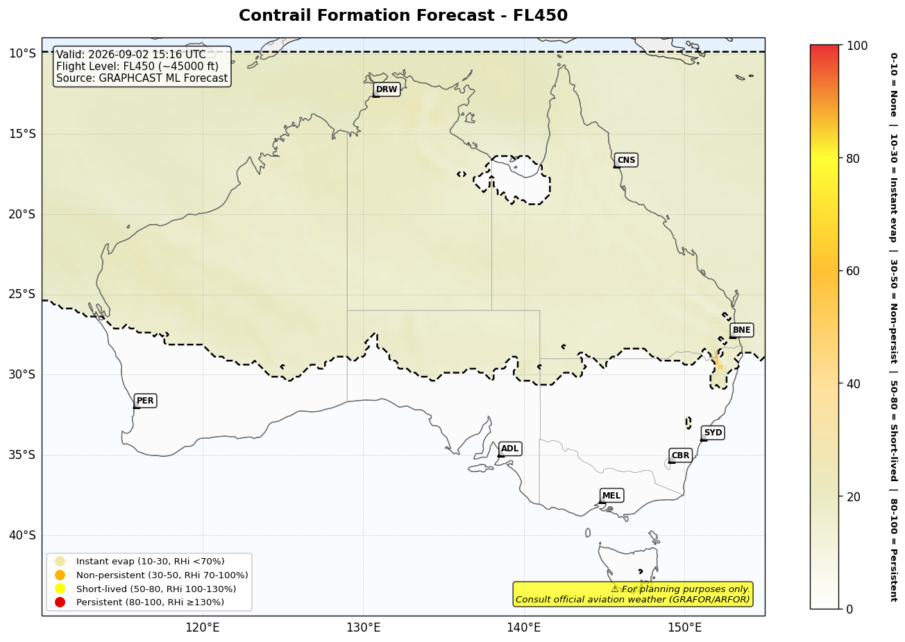 Contrail forecast for FL450 at 2026-09-02 15:16 UTC