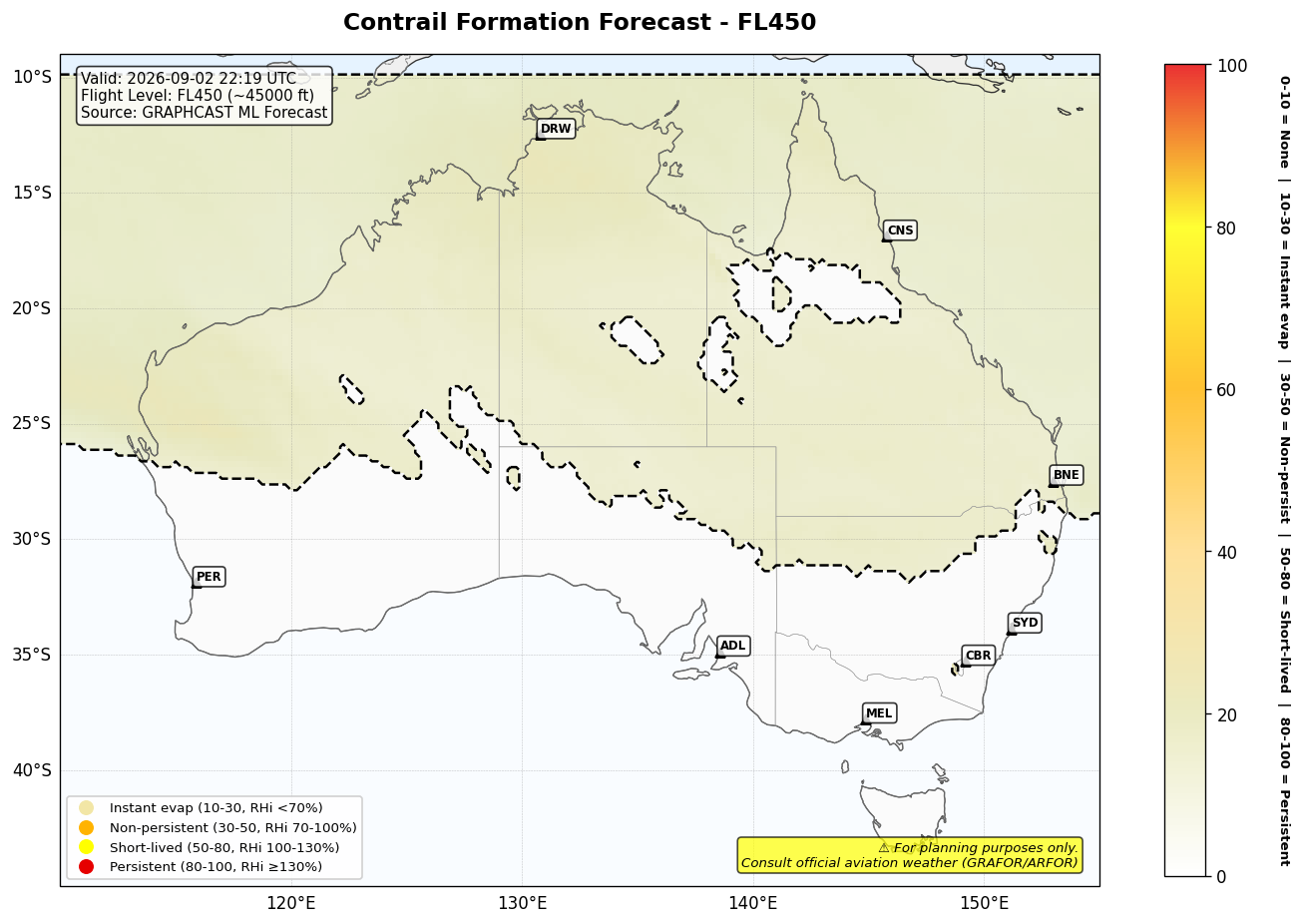 Contrail forecast for FL450 at 2026-09-02 22:19 UTC
