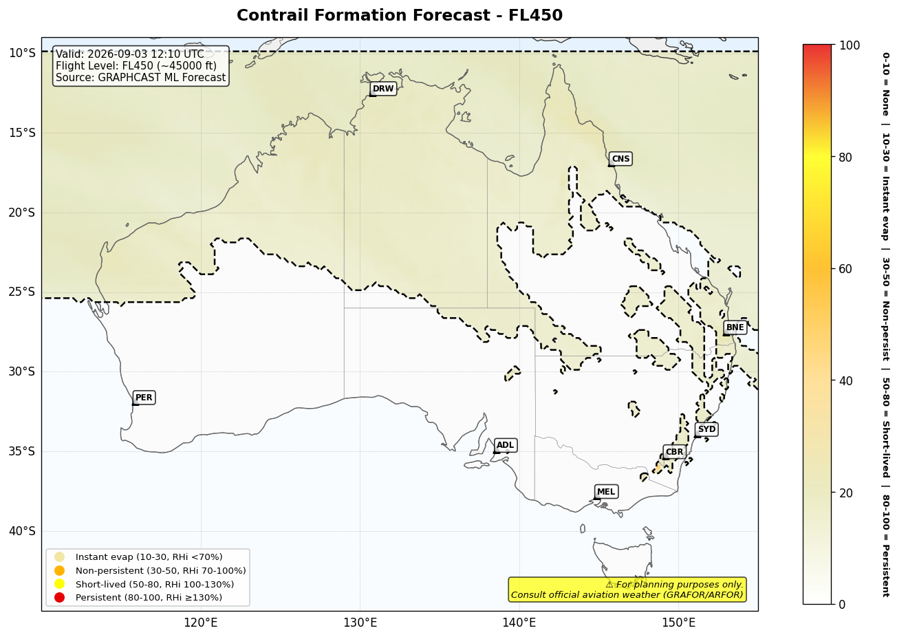 Contrail forecast for FL450 at 2026-09-03 12:10 UTC