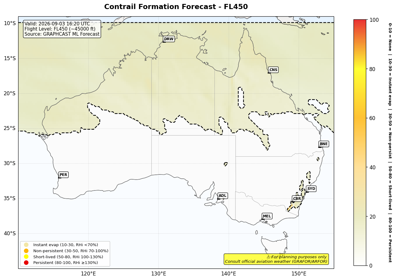 Contrail forecast for FL450 at 2026-09-03 16:20 UTC