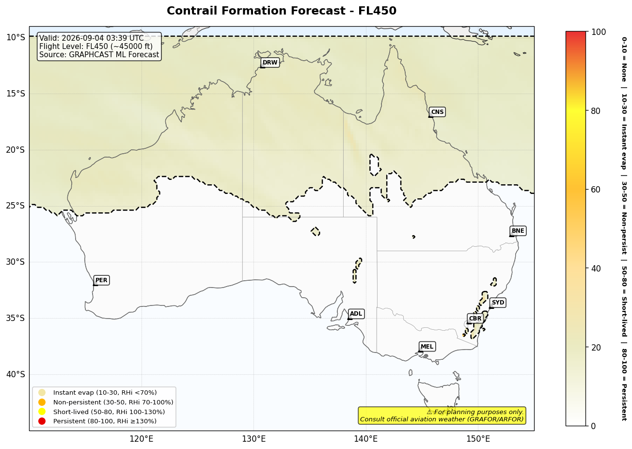 Contrail forecast for FL450 at 2026-09-04 03:39 UTC