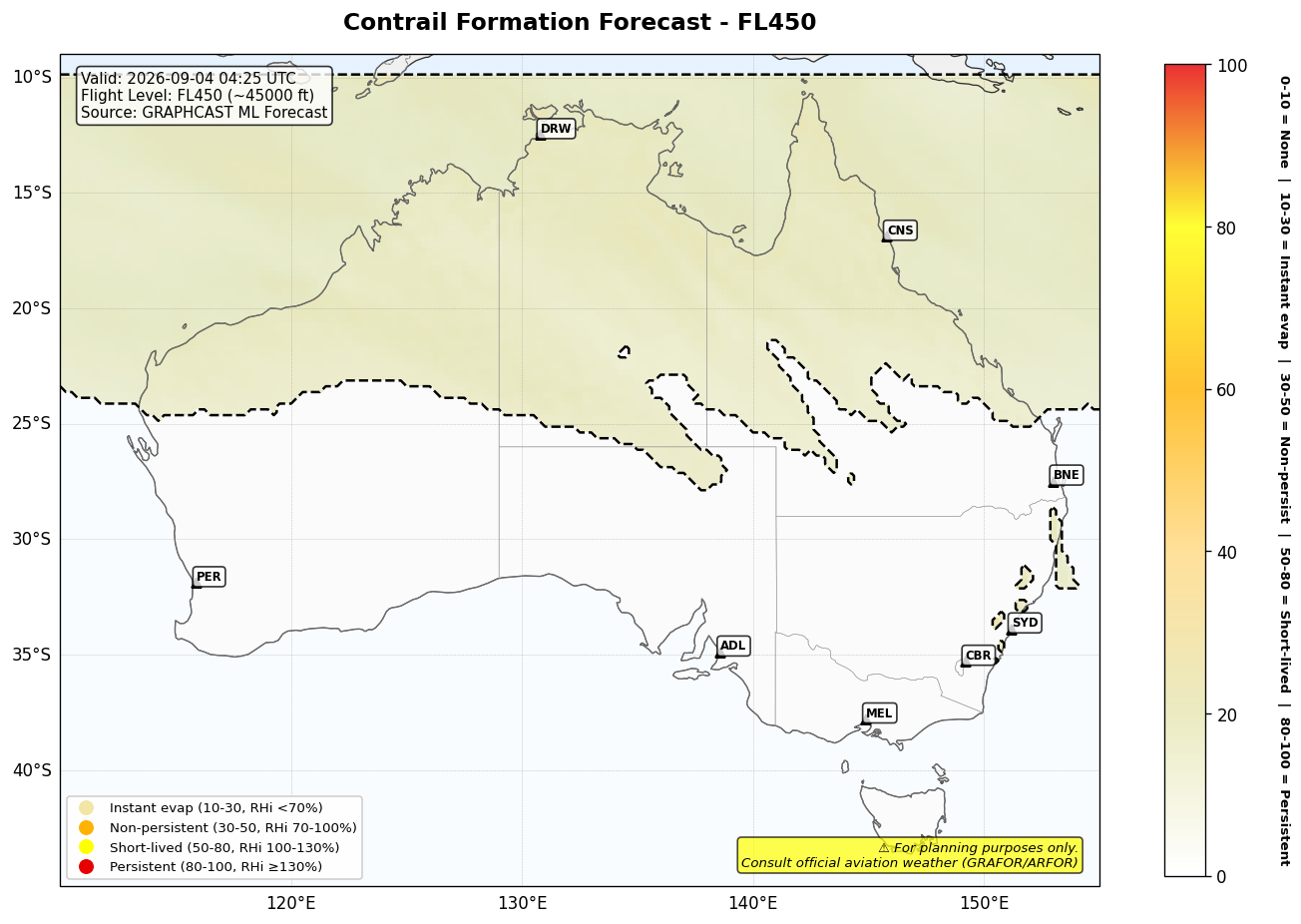 Contrail forecast for FL450 at 2026-09-04 04:25 UTC