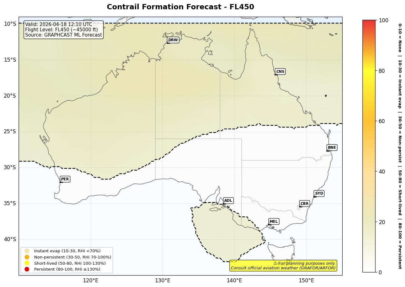 Contrail forecast for FL450 at 2026-04-18 12:10 UTC