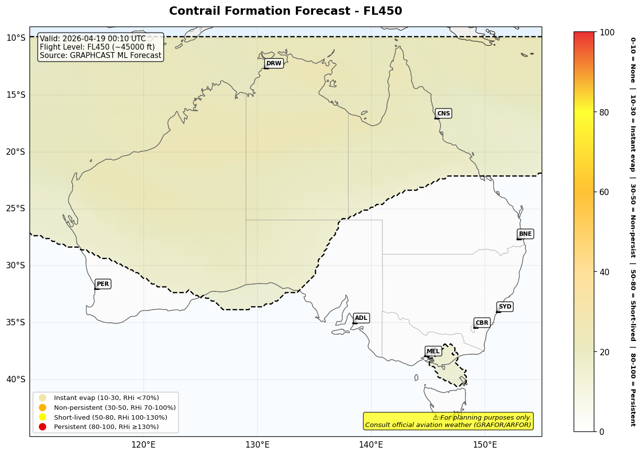 Contrail forecast for FL450 at 2026-04-19 00:10 UTC