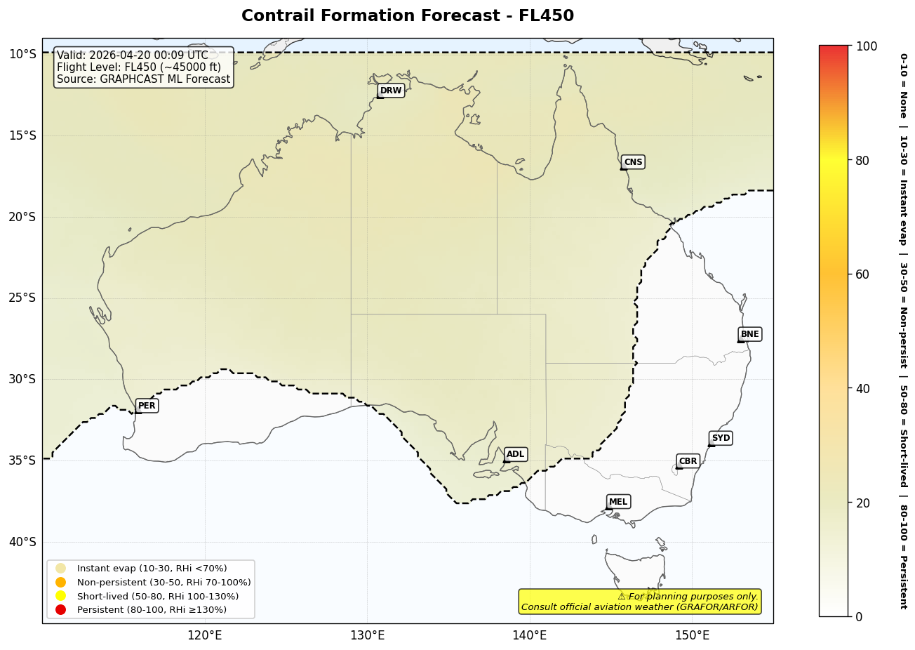 Contrail forecast for FL450 at 2026-04-20 00:09 UTC