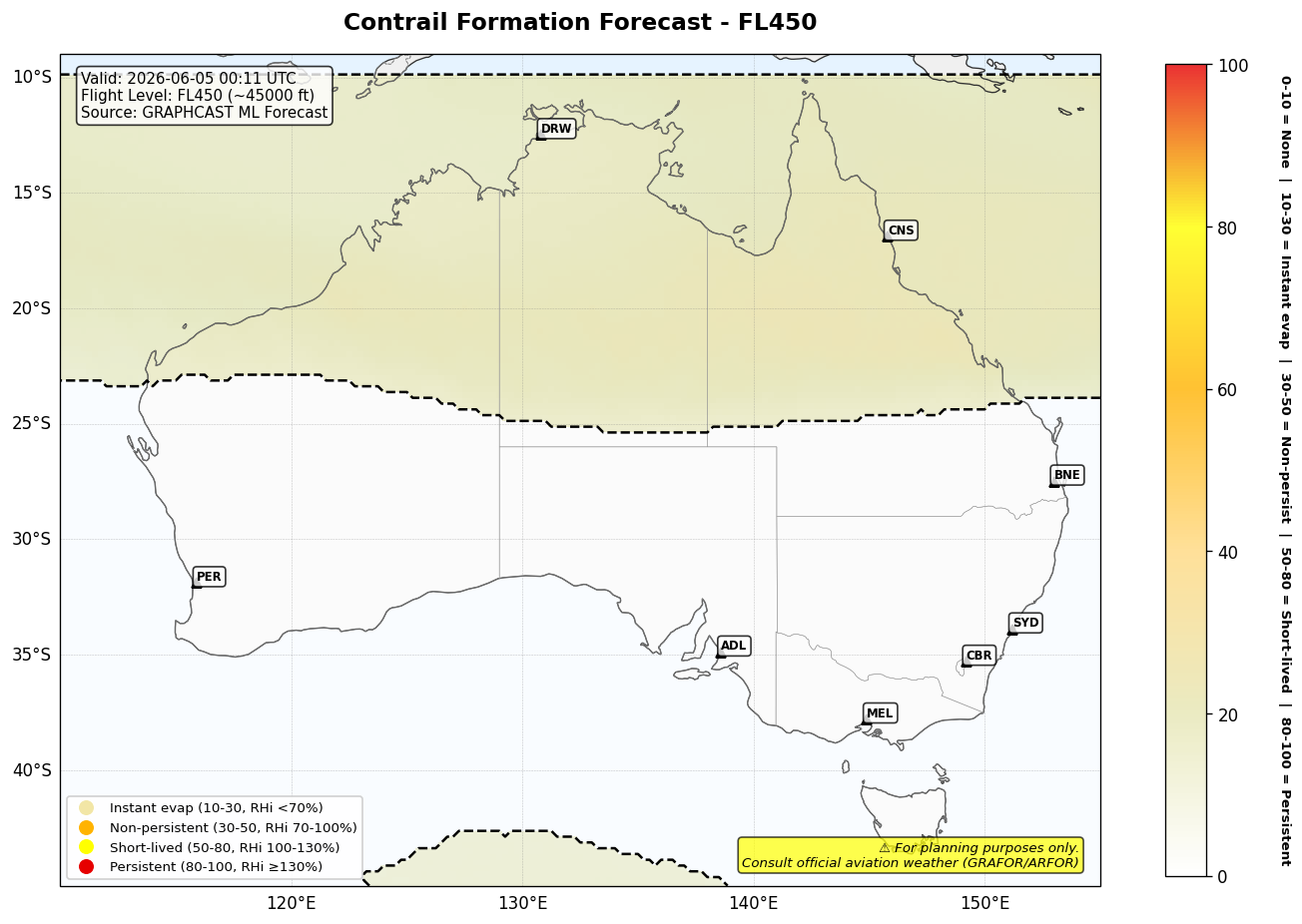 Contrail forecast for FL450 at 2026-06-05 00:11 UTC