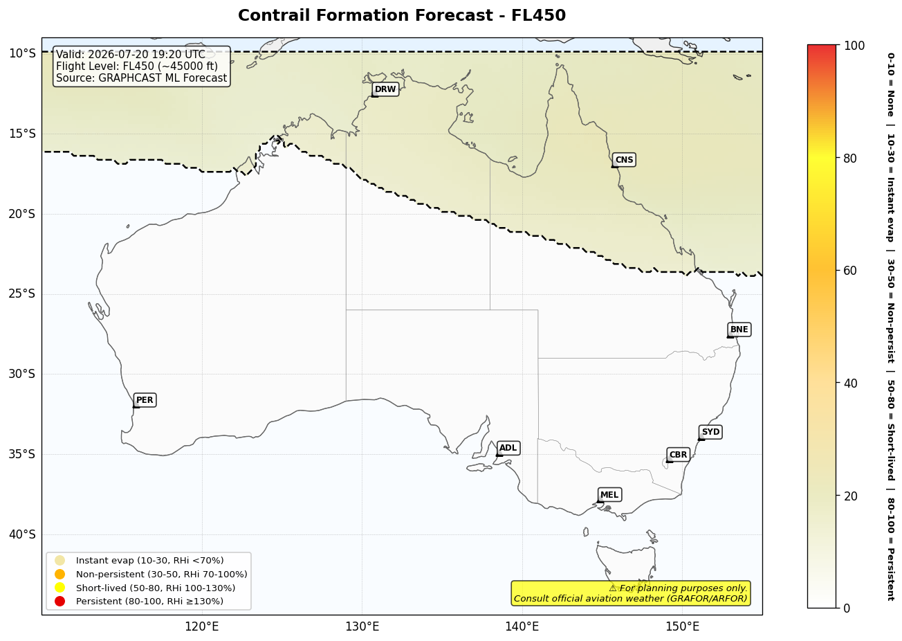 Contrail forecast for FL450 at 2026-07-20 19:20 UTC