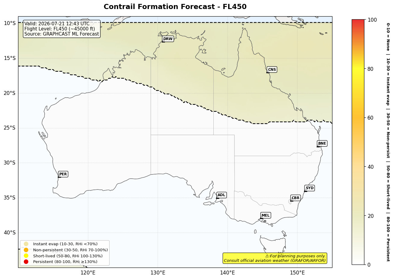 Contrail forecast for FL450 at 2026-07-21 12:43 UTC