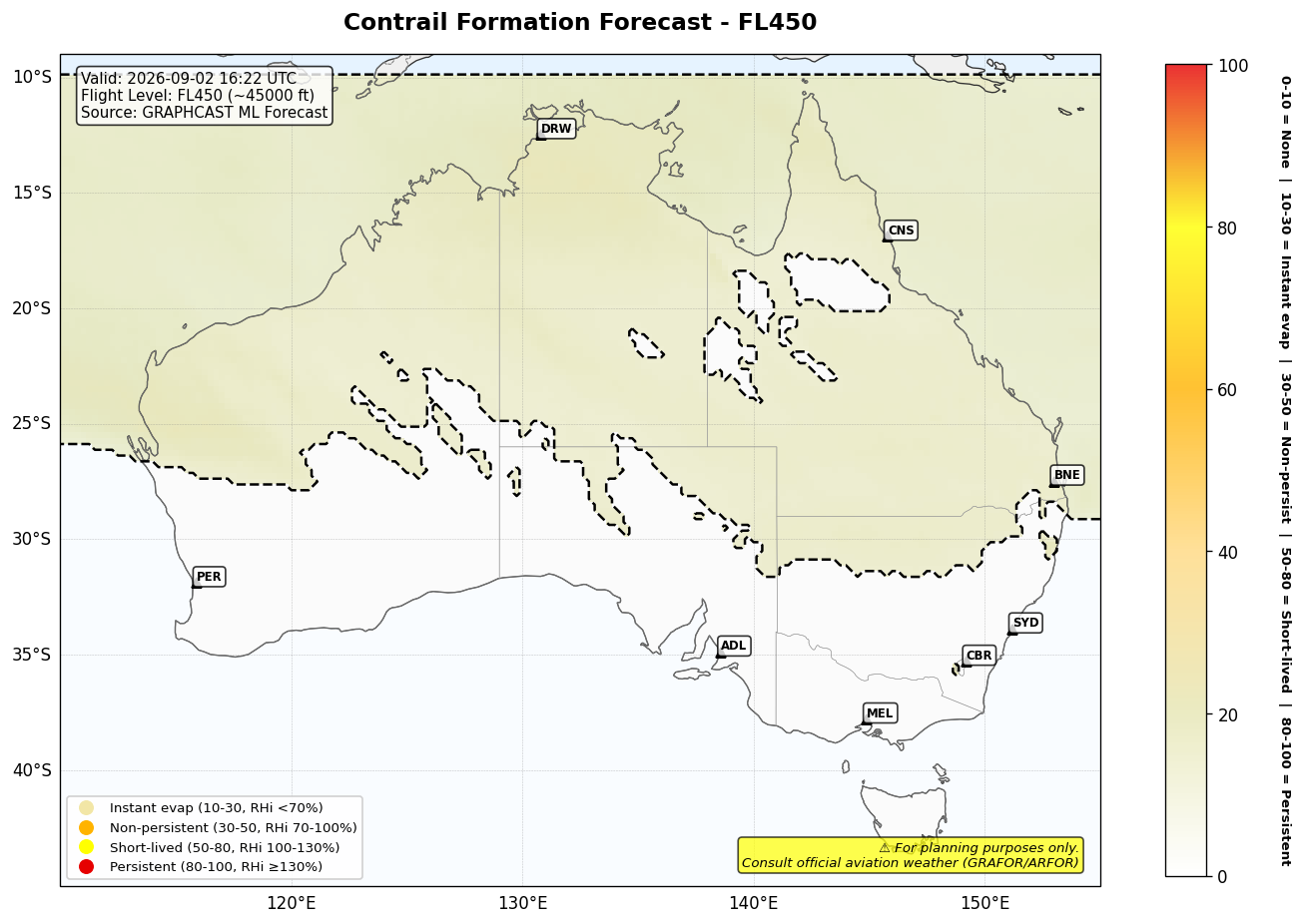 Contrail forecast for FL450 at 2026-09-02 16:22 UTC
