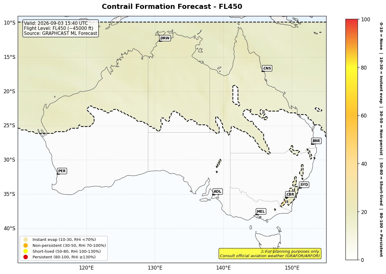 Contrail forecast for FL450 at 2026-09-03 15:40 UTC
