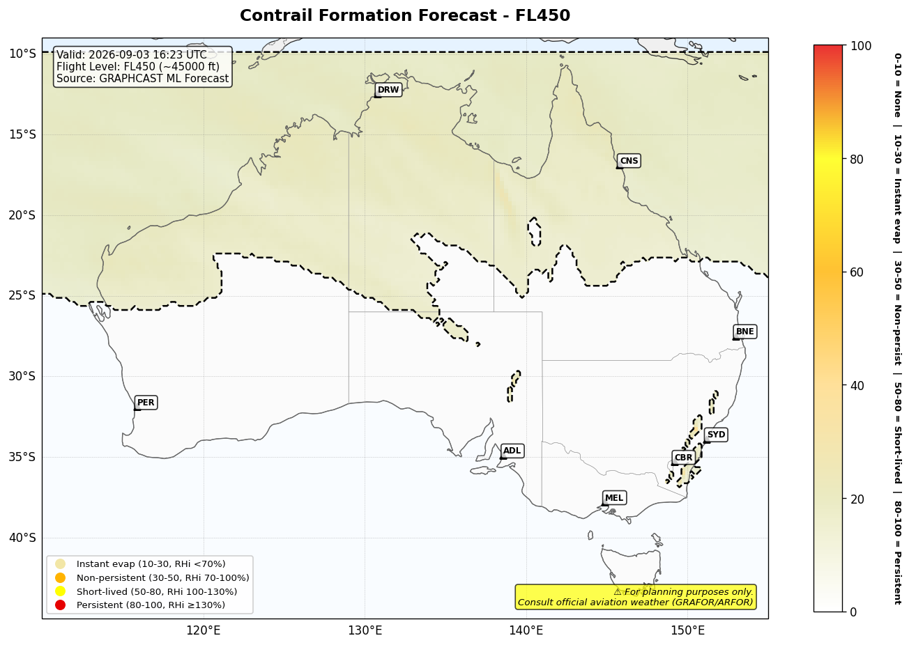 Contrail forecast for FL450 at 2026-09-03 16:23 UTC