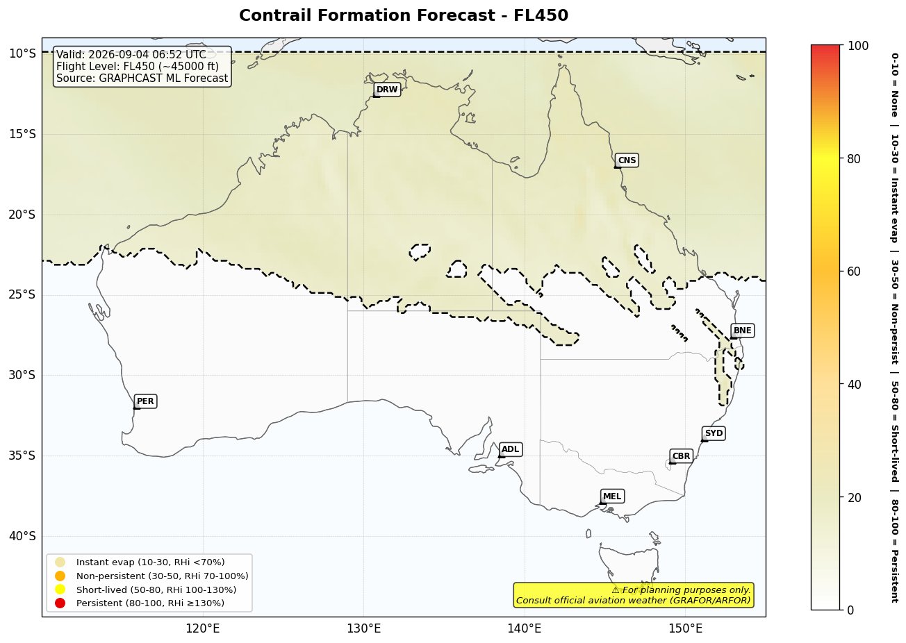 Contrail forecast for FL450 at 2026-09-04 06:52 UTC
