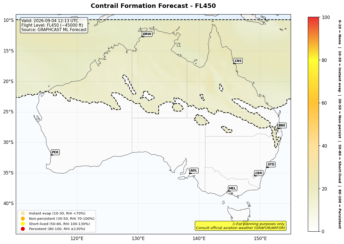 Contrail forecast for FL450 at 2026-09-04 12:13 UTC