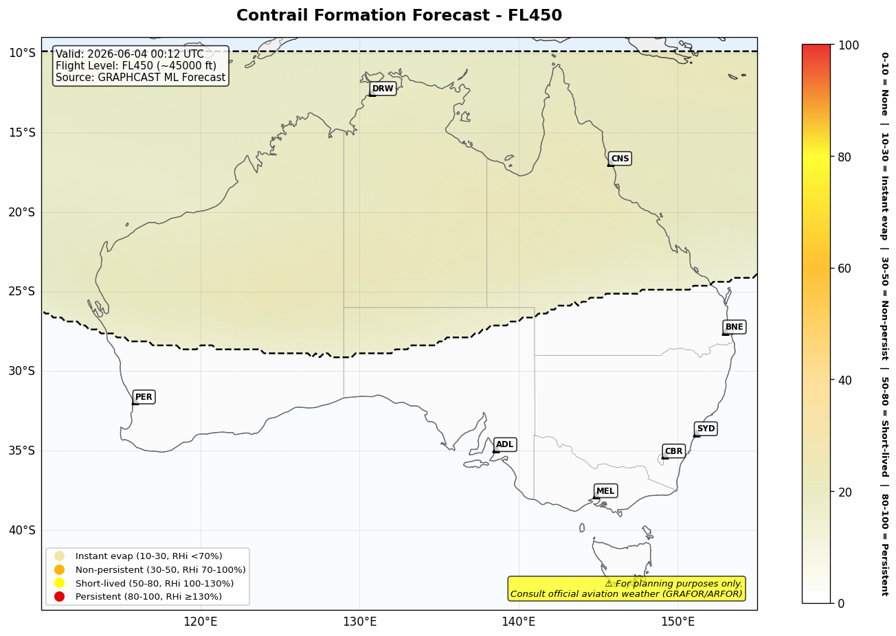 Contrail forecast for FL450 at 2026-06-04 00:12 UTC