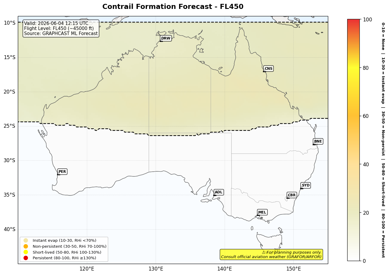Contrail forecast for FL450 at 2026-06-04 12:15 UTC
