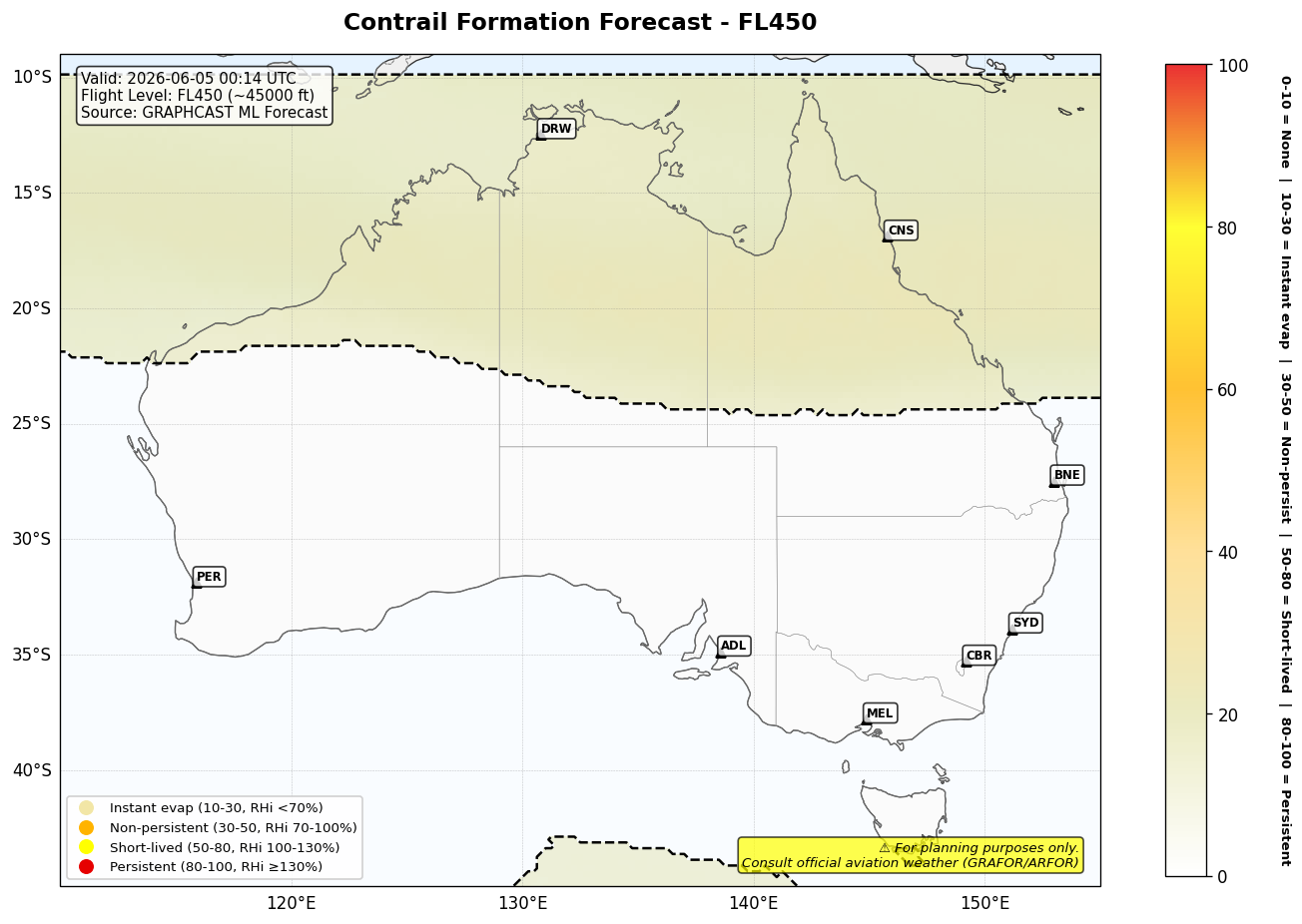 Contrail forecast for FL450 at 2026-06-05 00:14 UTC