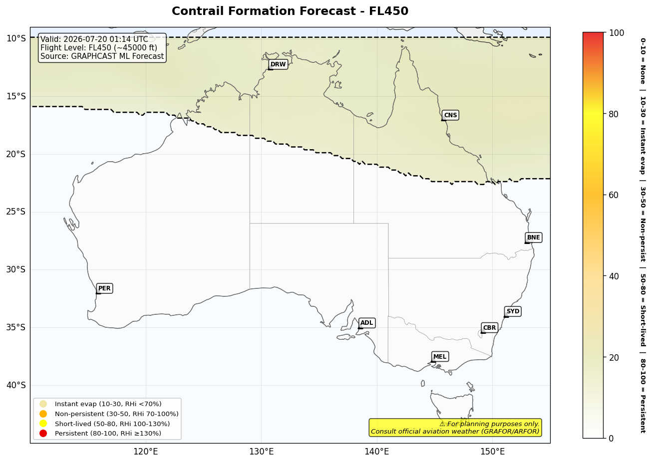 Contrail forecast for FL450 at 2026-07-20 01:14 UTC