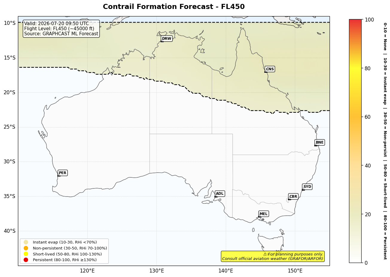 Contrail forecast for FL450 at 2026-07-20 09:50 UTC