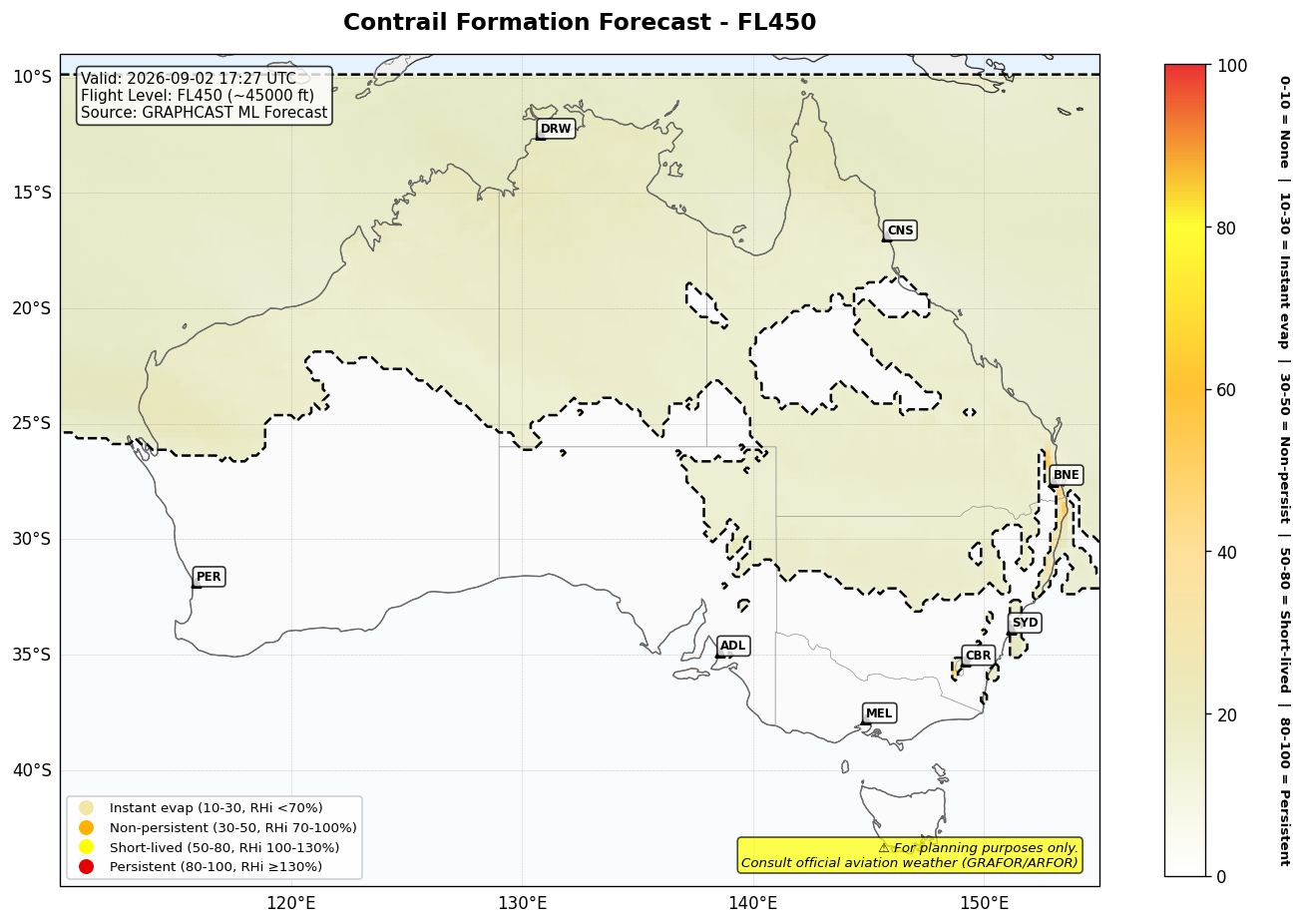 Contrail forecast for FL450 at 2026-09-02 17:27 UTC
