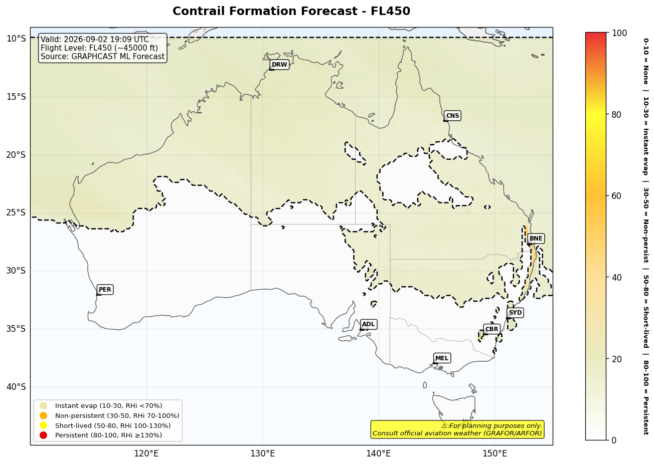 Contrail forecast for FL450 at 2026-09-02 19:09 UTC