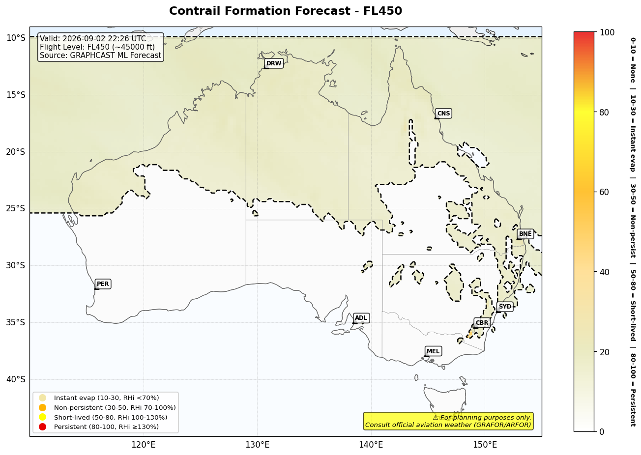 Contrail forecast for FL450 at 2026-09-02 22:26 UTC