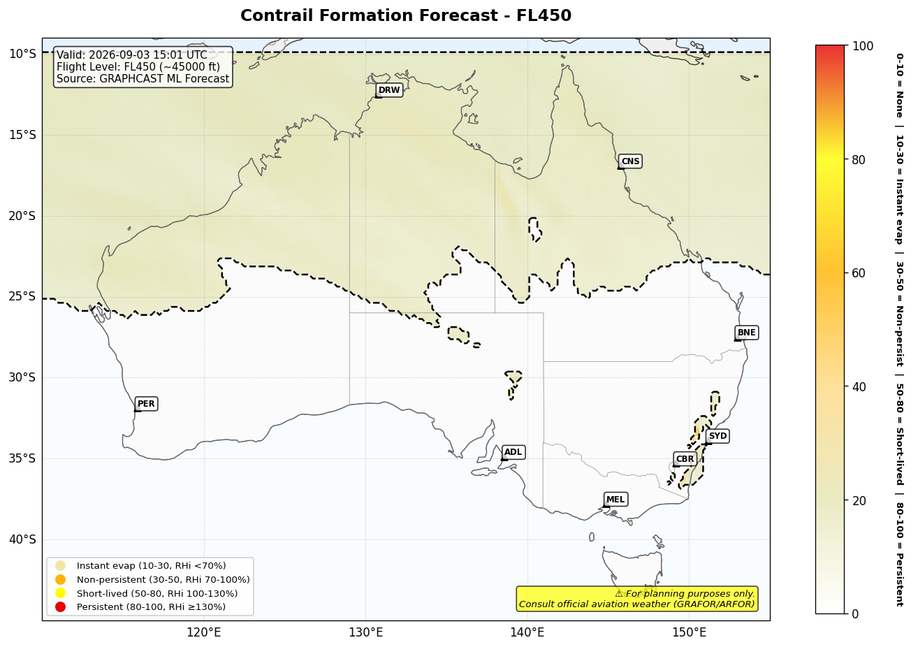 Contrail forecast for FL450 at 2026-09-03 15:01 UTC