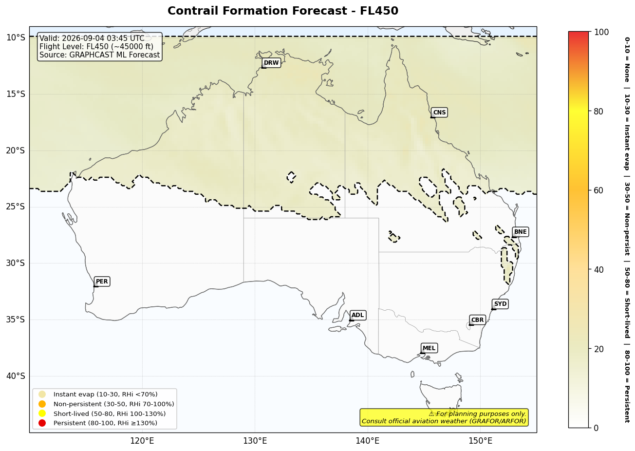 Contrail forecast for FL450 at 2026-09-04 03:45 UTC