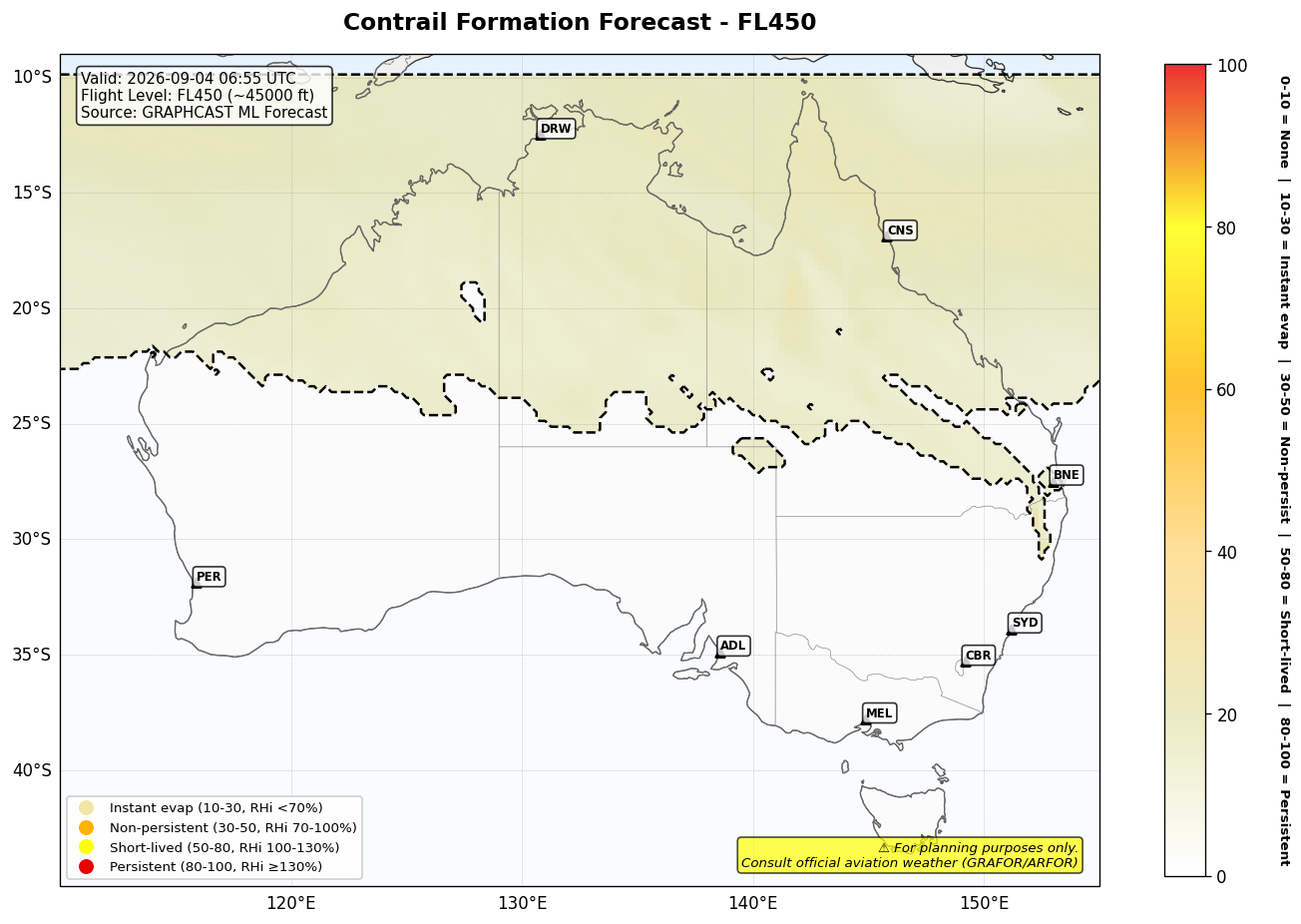 Contrail forecast for FL450 at 2026-09-04 06:55 UTC