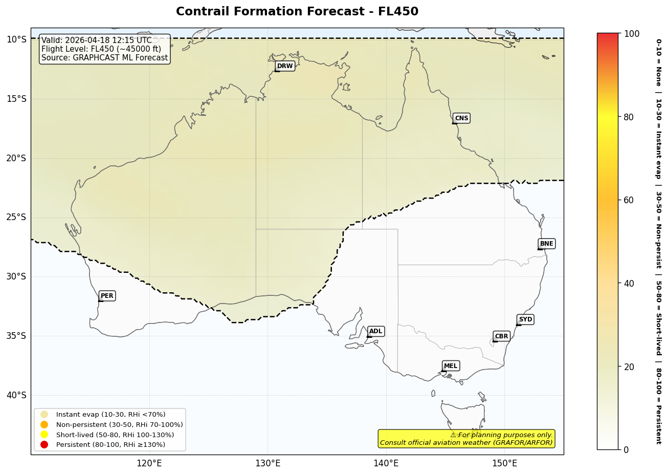 Contrail forecast for FL450 at 2026-04-18 12:15 UTC