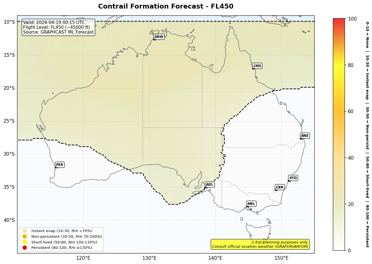 Contrail forecast for FL450 at 2026-04-19 00:15 UTC