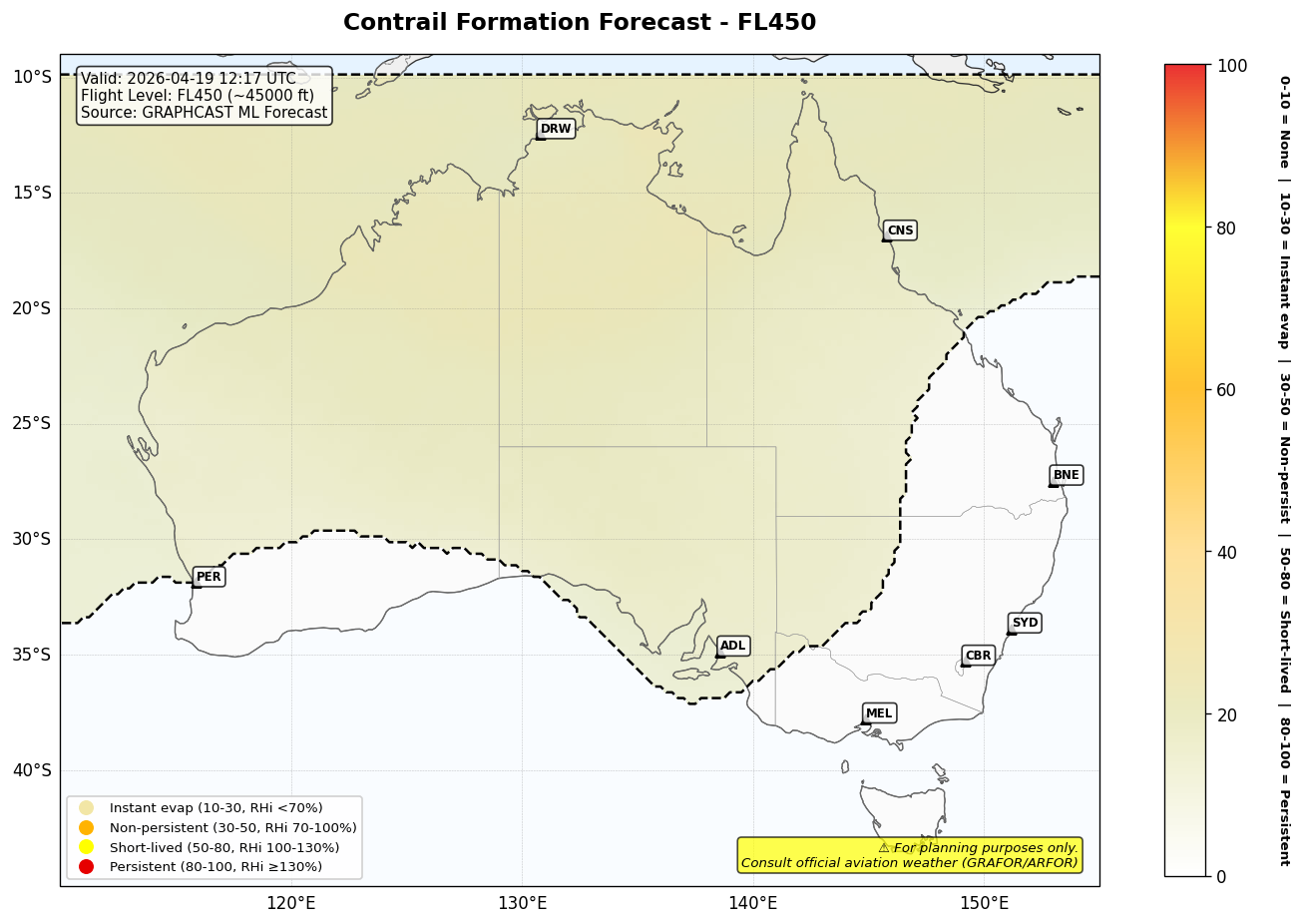 Contrail forecast for FL450 at 2026-04-19 12:17 UTC