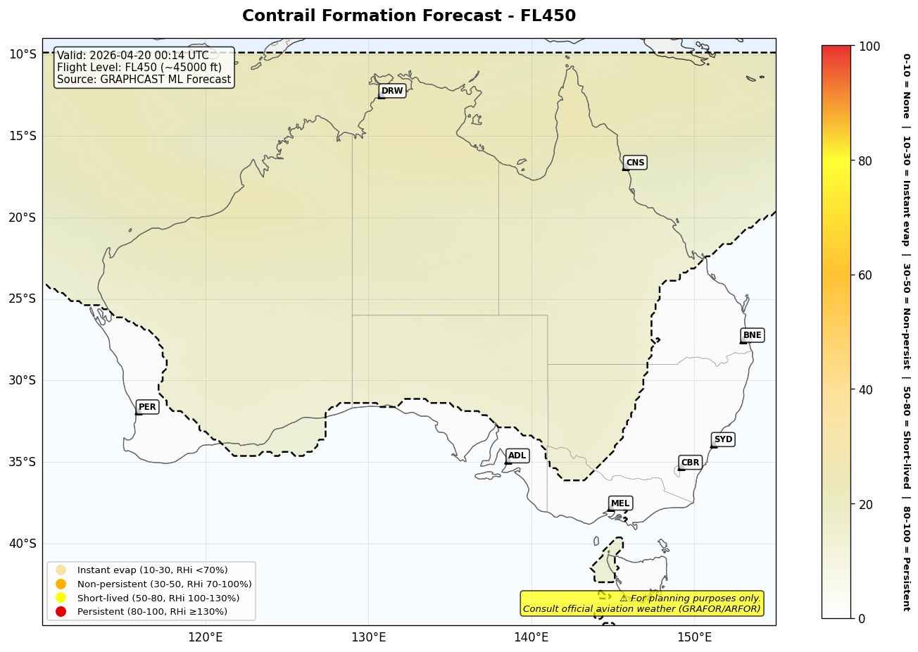 Contrail forecast for FL450 at 2026-04-20 00:14 UTC