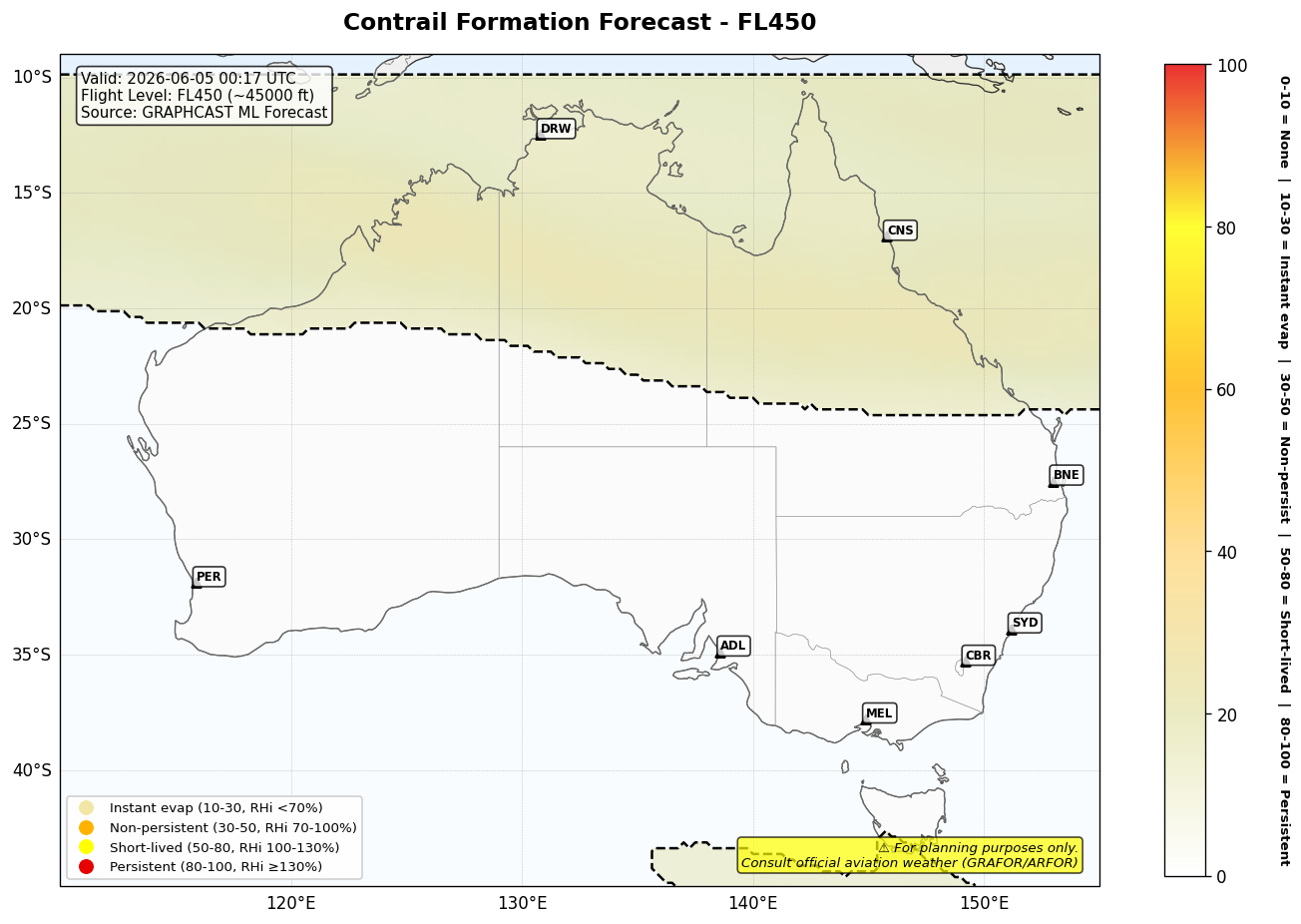 Contrail forecast for FL450 at 2026-06-05 00:17 UTC
