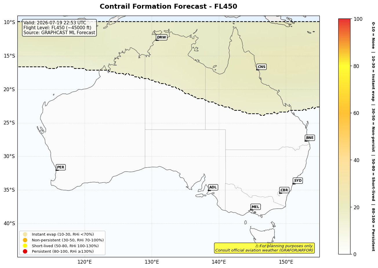 Contrail forecast for FL450 at 2026-07-19 22:53 UTC