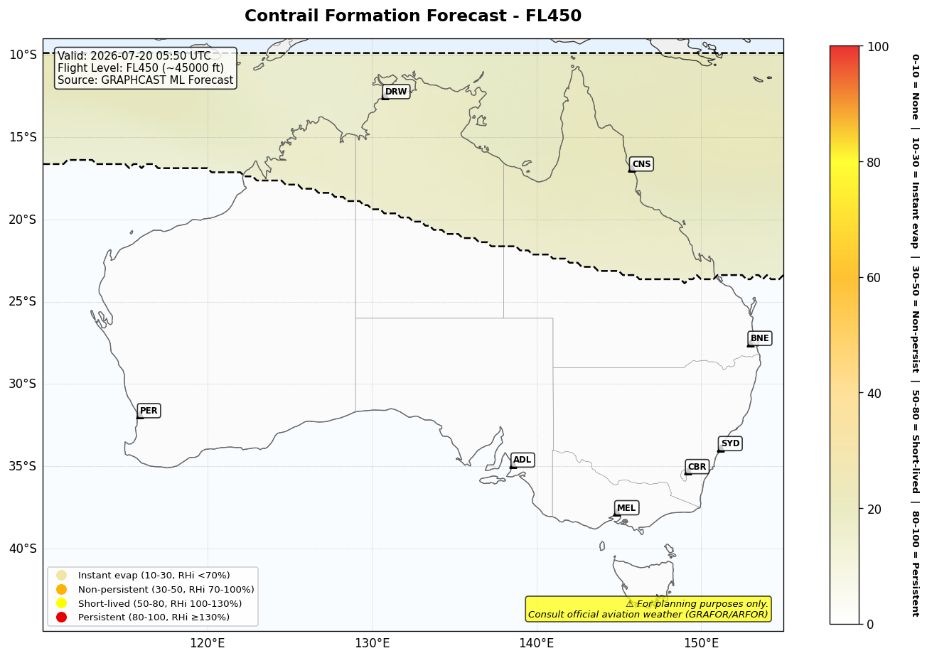 Contrail forecast for FL450 at 2026-07-20 05:50 UTC