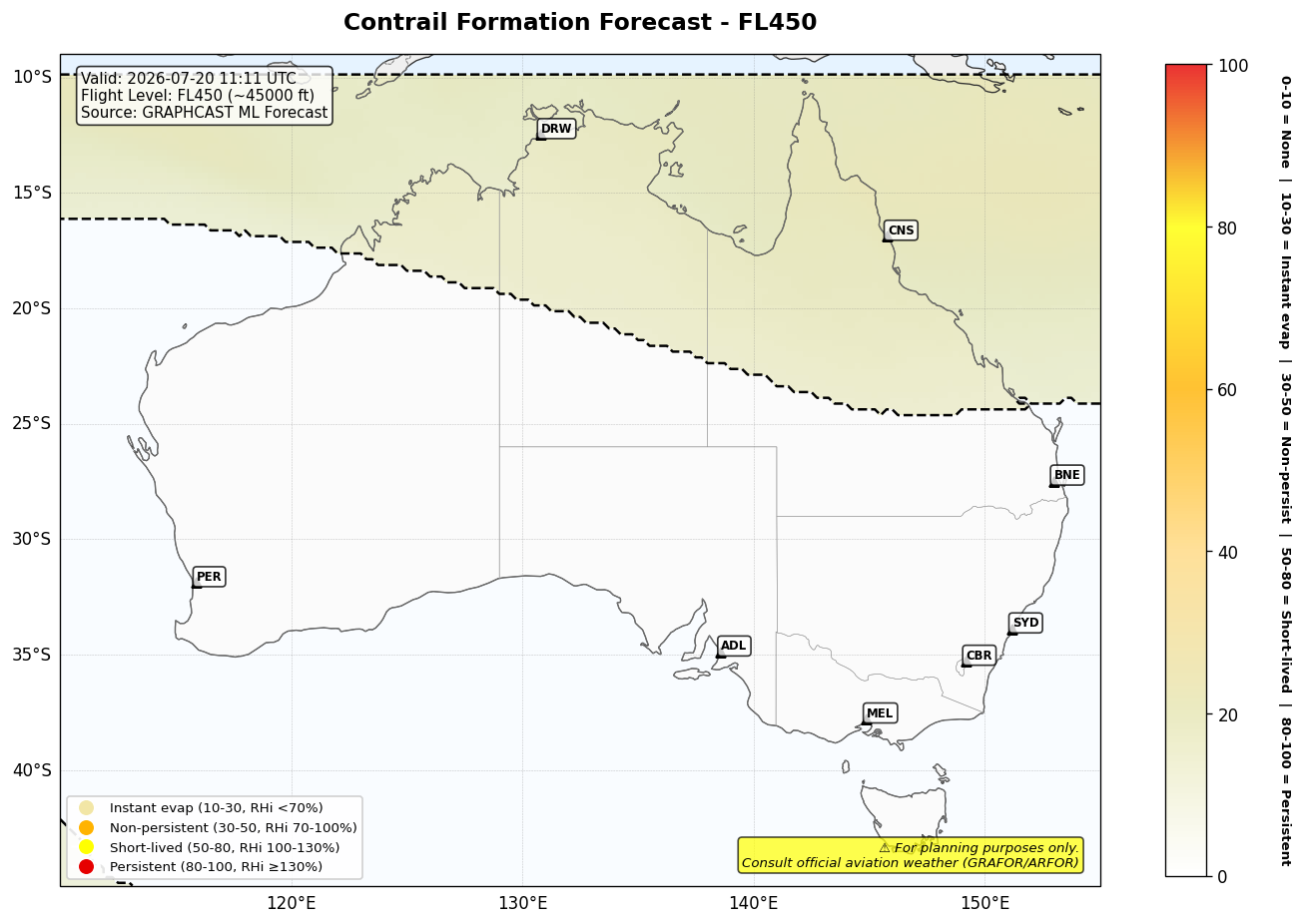 Contrail forecast for FL450 at 2026-07-20 11:11 UTC