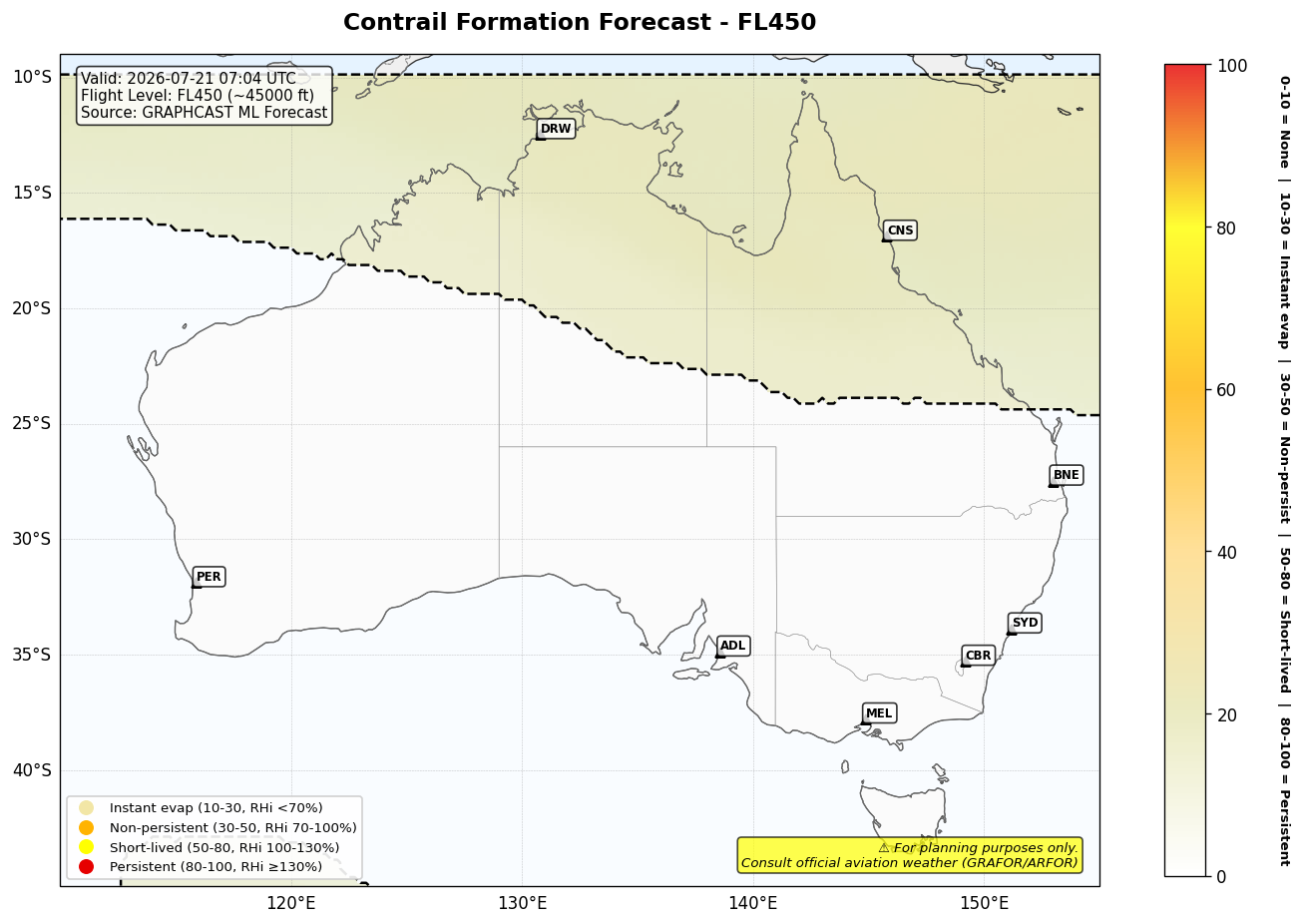 Contrail forecast for FL450 at 2026-07-21 07:04 UTC